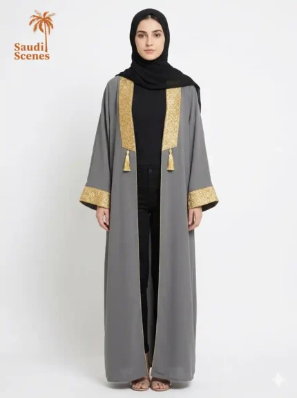 Premium Cotton Open Abaya With Decorative Embroidered Trim
